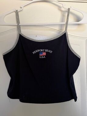 Newport Beach USA Navy Cropped Tank Top with Grey Trim